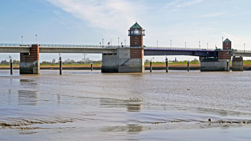 river, nature, bascule bridge, bridge guardian, bridge, day, waterfront, cloud - sky, dollart, horizontal, empty, mud, last emsbrücke, transportation, travel destinations