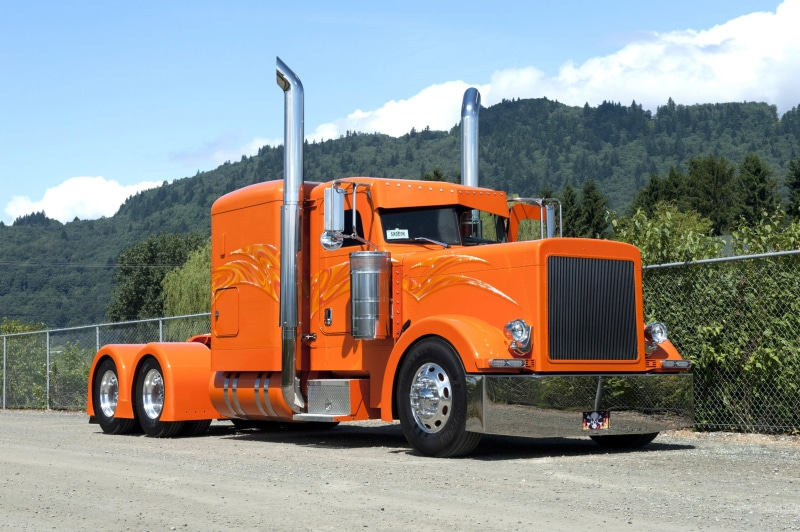 trucking, highway, land Vehicle, yellow, sunlight, red, uSA, tuning, mode of transportation, speed, tree, orange color, shipping, orange, freight, freight Transportation