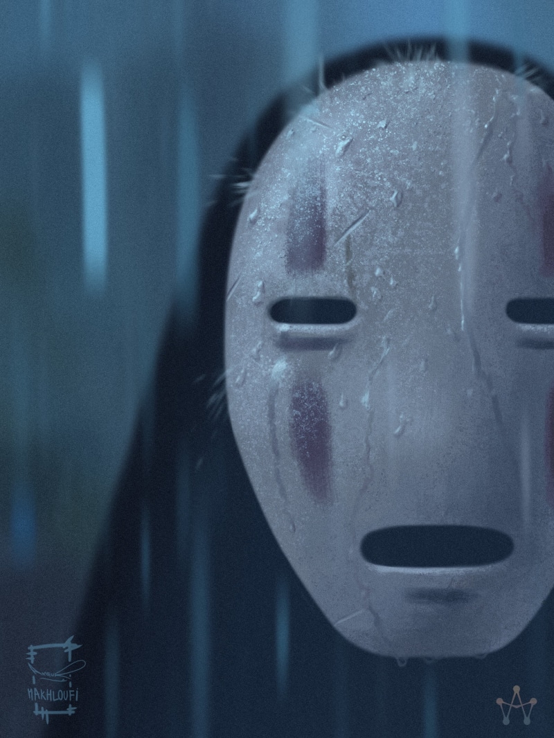 artwork, mask, 2K, realistic, looking at viewer, Spirited Away, Kaonashi, rain, Ameur Makhloufi, Spirit, illustration, Studio Ghibli, open mouth, digital art