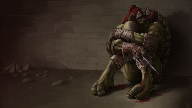 wall - building feature, holding, Teenage Mutant Ninja Turtles, architecture, safety, people, brick, security, rafael, shoe, blood, full length, real people