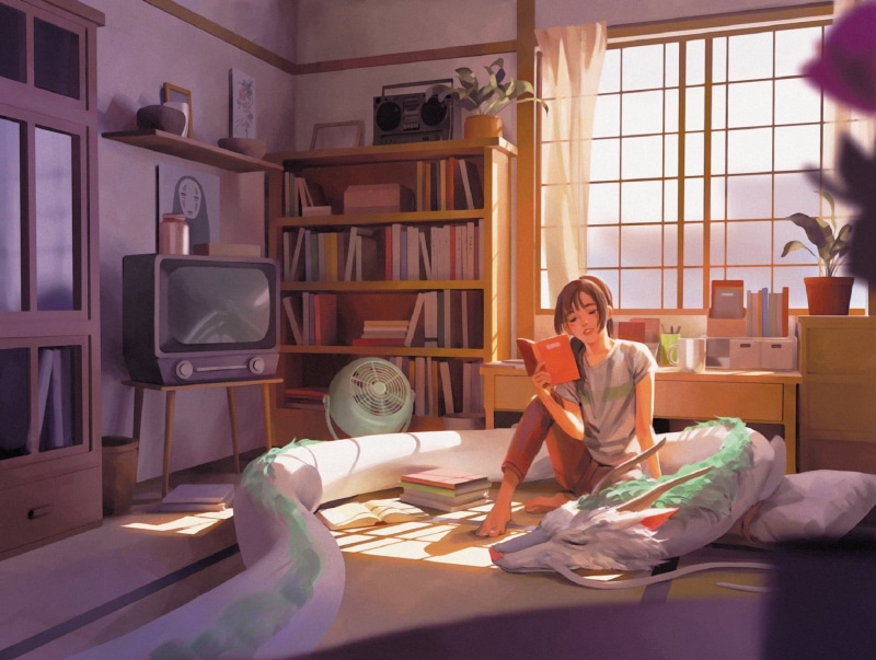 Chihiro, girl, in the room, items, 1080P, Spirited Away, reading, fan, Hayao Miyazaki, plants, Haku, books, dragon, cabinets, TV, on the bed, window