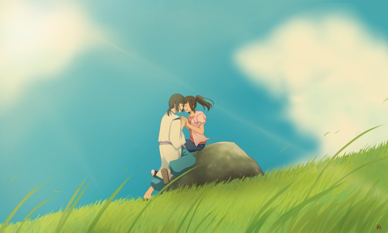 Ai Kuroha-chan, Haku, Hayao Miyazaki, the spirit of the river, girl, 1080P, Chihiro, Ogino Chihiro, nature, guy, art, clouds, anime, Spirited Away