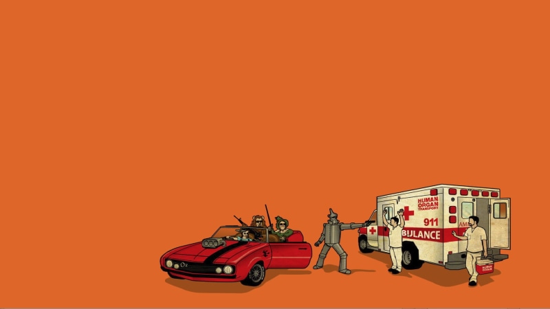 studio shot, colored background, digital, simple, ambulance, machinery, red background, orange color, technology, humor, equipment, transportation