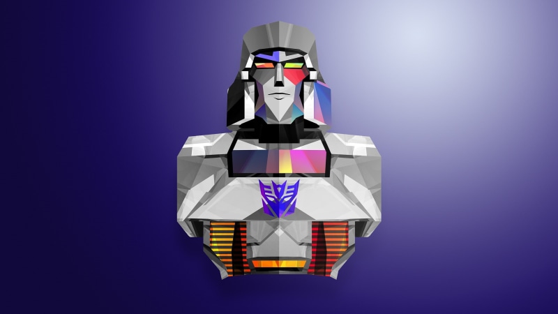 indoors, emotion, colored background, business, abundance, standing, blue, 2K, one person, Megatron, full length, Transformers, human representation, blue background