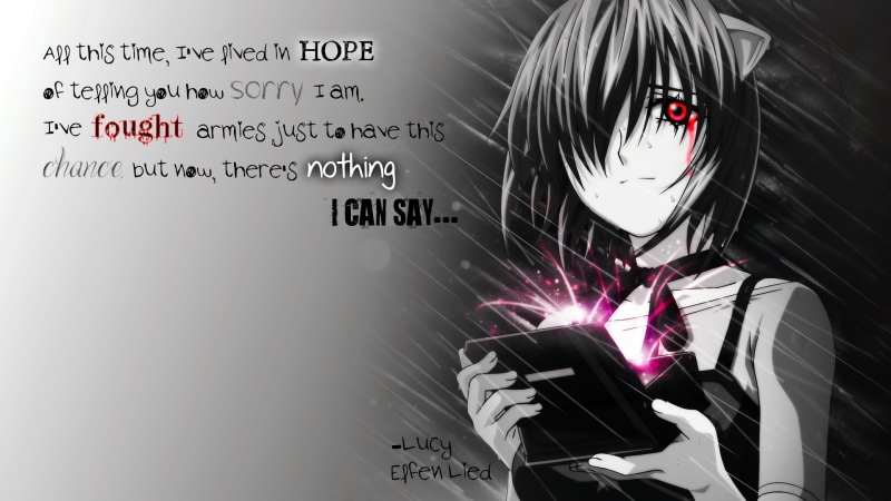 quote, anime, red eyes, Lucy (Elfen Lied), selective coloring, one person, clothing, script, indoors, anime girls, non-western script, women, real people