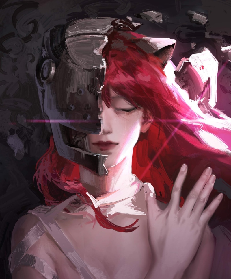 artwork, anime girls, long hair, redhead, cat ears, Elfen Lied, mask, digital art, Lucy (Elfen Lied), 1080P, anime