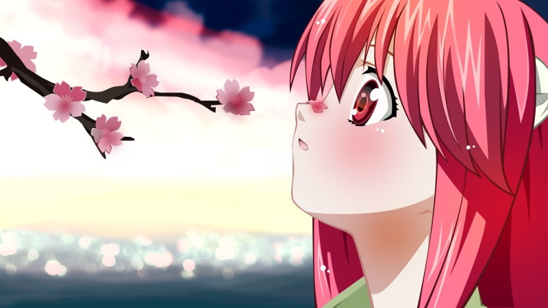 flower, cherry blossom, tree, anime, 1080P, beauty in nature, sky, focus on foreground, Elfen Lied, anime girls, vulnerability, growth, pink hair, freshness