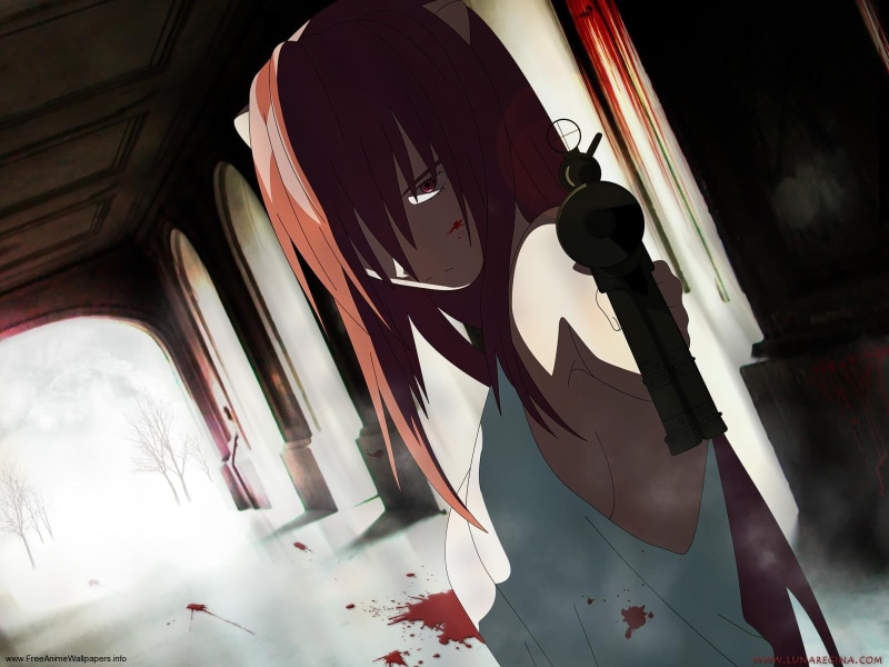 transparent, human representation, gun, window, anime girls, shape, red eyes, architecture, ceiling, glass - material, low angle view, tilt, Nyu, multi colored