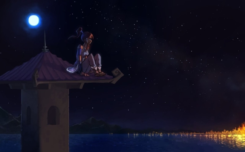 star field, The Legend of Korra, Korra, leisure activity, water, one person, 720P, space, sea, girl, full length, outdoors, black, beauty in nature, real people