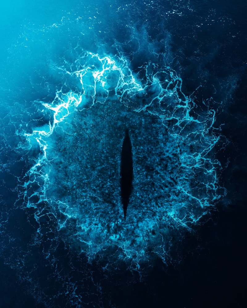Photoshop, photo manipulation, eyeball, Sauron, 1080P, fantasy art, water, ocean view, The Lord of the Rings, The Eye of Sauron