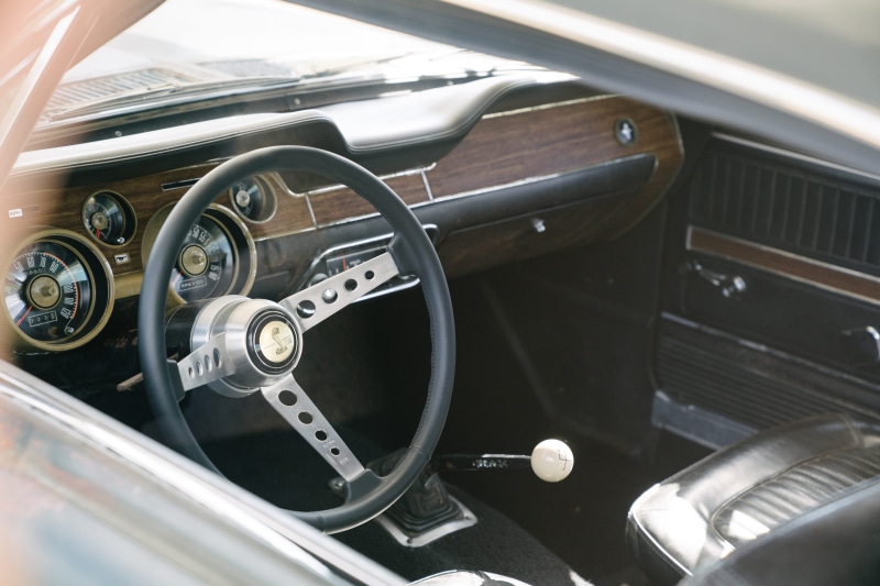 mustang, steve, luxury, through window, car, wheel, dashboard, steering wheel, cobra, metal, closeup, control panel, black, mcqueen, vintage car, muscle