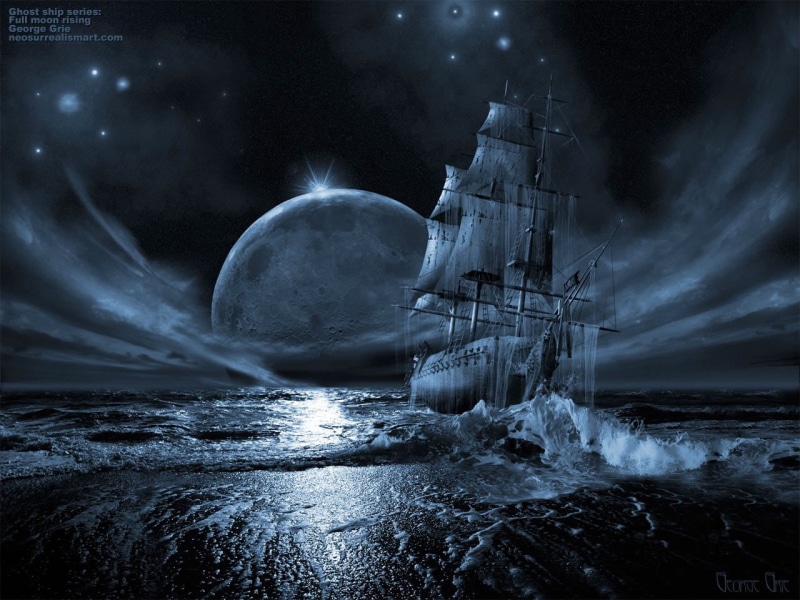 sky, motion, night, fantasy art, water, power in nature, Moon, cloud - sky, nature, dark, long exposure, sea, sailing ship, space, outdoors, environment