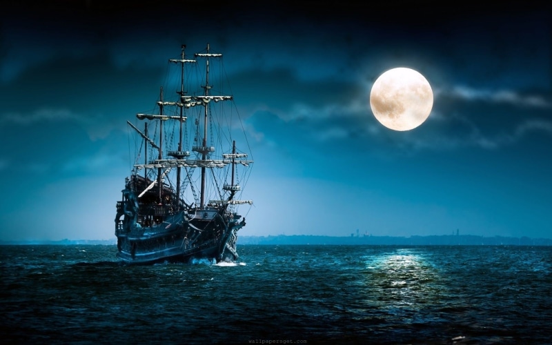 nature, night, front, legendary, ghost, dark, 1080P, ship, moon, x, dutchman, hd, art, flying, wallpa, pirates, Clouds, oceans
