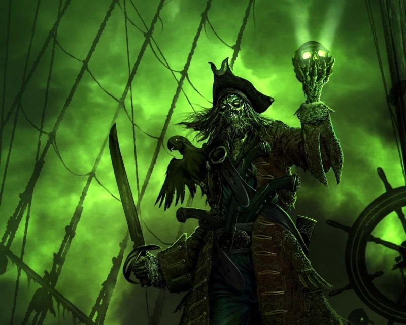 ghost, black, Green, pirates, parrots, ship, smoke, 720P, art, hd, Skulls, ghostly, pirate