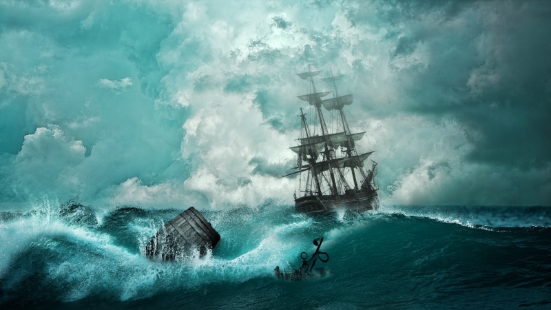 storm, sea, ghost ship, sailing ship, brig, battleship, ocean, sky, ship, ship of the line, water, wind wave, wave, 4K, barrel, calm