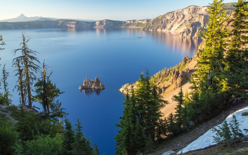 Crater Lake, Ghost ship, Sunset, Oregon, 4K, 4K, Rock island