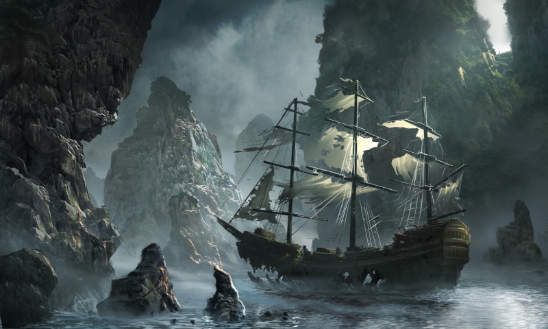 water, mountains, x, hd, 1080P, art, artwork, ship, nature, ships, ghost