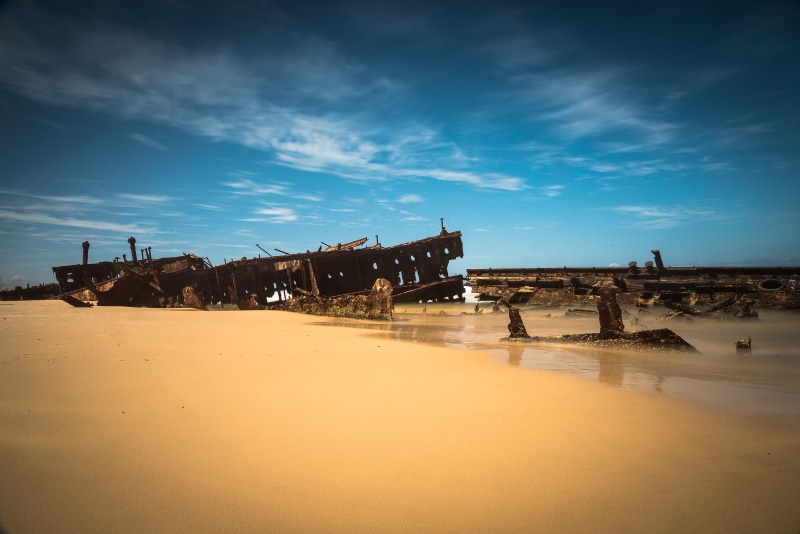 long exposure, no people, day, ocean, architecture, building, building exterior, shipwreck, travel destinations, beach, sky, history, land, fraser island