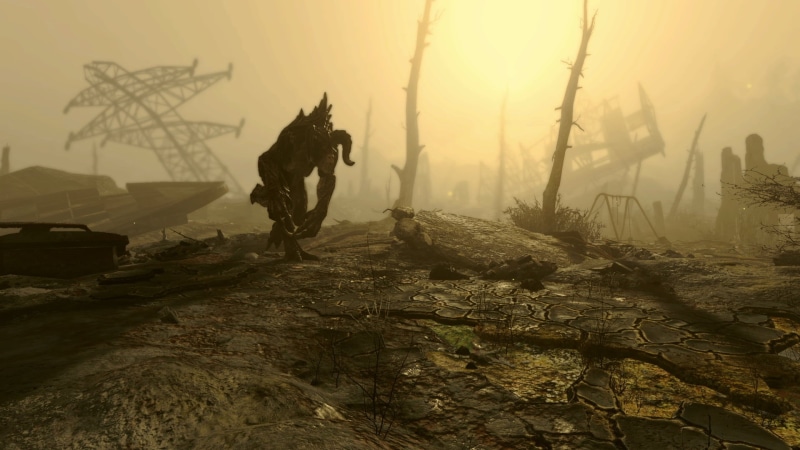 outdoors, land, tree, plant, silhouette, fog, bicycle, Fallout, sunset, Deathclaw, video games, men, people, real people, monster, environment, field, sky