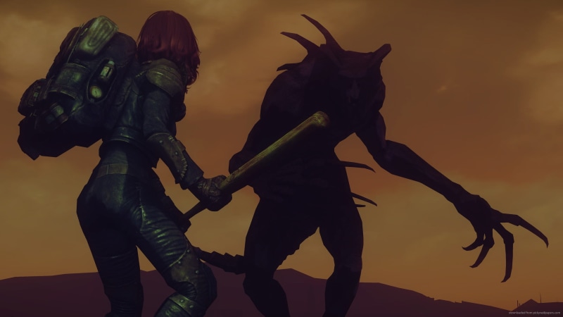 Fallout, video games, indoors, obscured face, two people, three quarter length, domestic, horse, 2K, representation, animal wildlife, sunset, sky, Deathclaw