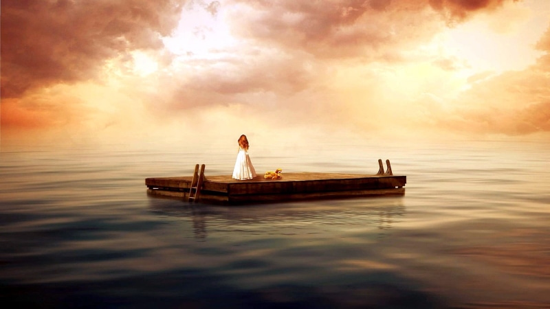 transportation, 1080P, lost, sea, horizon over water, sunset, sun, alone, girl, one person, cloud - sky, men, nightmare, sunlight, beauty in nature, outdoors