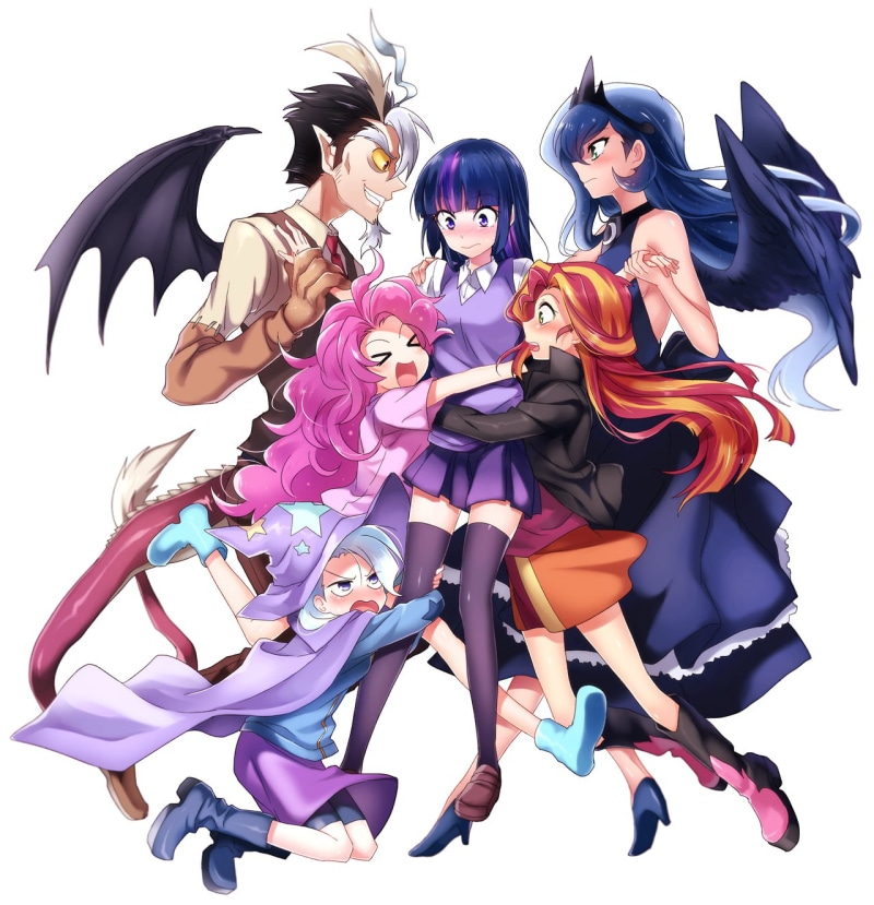 dragon, group of people, men, young adult, Trixie, standing, full length, young women, young men, costume, adult, smiling, Pinkie Pie, indoors, Princess Luna