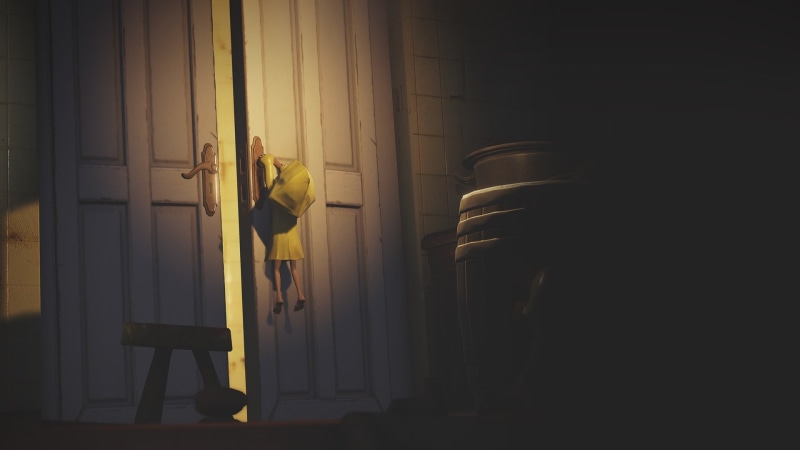 one person, building, real people, Little Nightmares, lifestyles, door, curtain, home interior, architecture, clothing, yellow, domestic room, Six (Little Nightmares)