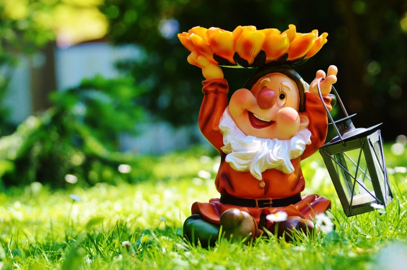 sunlight, green Color, toy, funny, red, Dwarf, front view, figure, innocence, child, full length, Lantern, field, representation, plant, 5K, sun flower