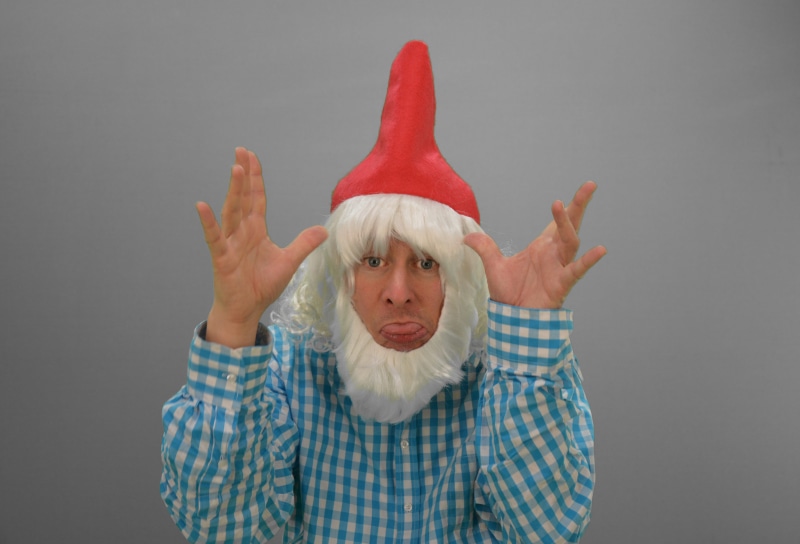 comedy, Imp, waist up, gesturing, humor, Bäh, cheeky, human arm, oktoberfest dwarf, Dwarf, emotion, blue white, Kobold, innocence, hat, 5K, gray, portrait