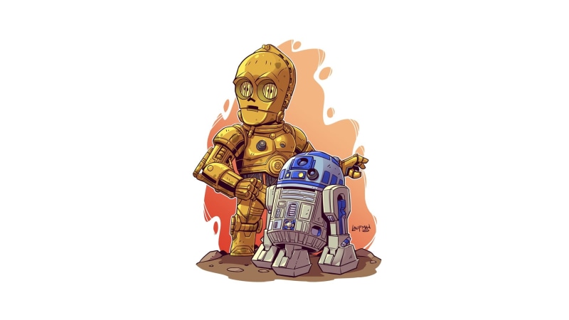 Star Wars Droids, artwork, white background, simple background, 1080P, Derek Laufman, R2-D2, Star Wars, science fiction
