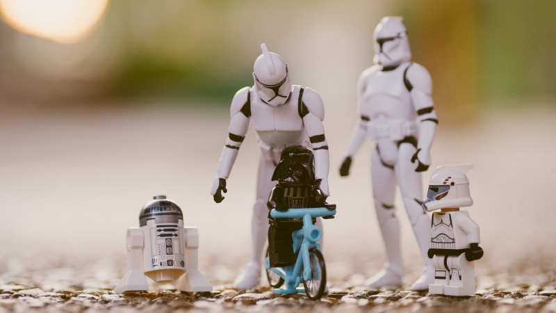 Star Wars Humor, LEGO, R2-D2, toys, closeup, Star Wars Droids, Darth Vader, bicycle, Star Wars, action figures, clone trooper, vehicle, macro, 5K, humor