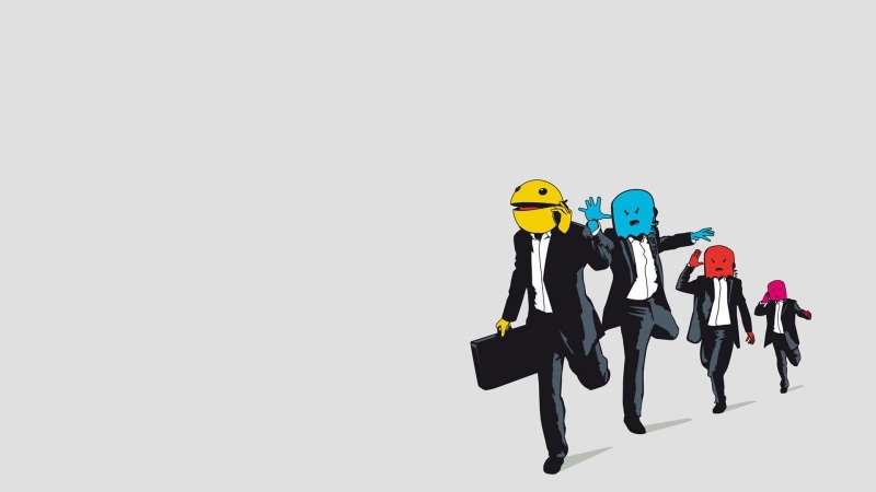 Pacman, full length, cut out, colleague, s, females, indoors, group of people, mid adult men, men, suit, togetherness, white background, illustration, people
