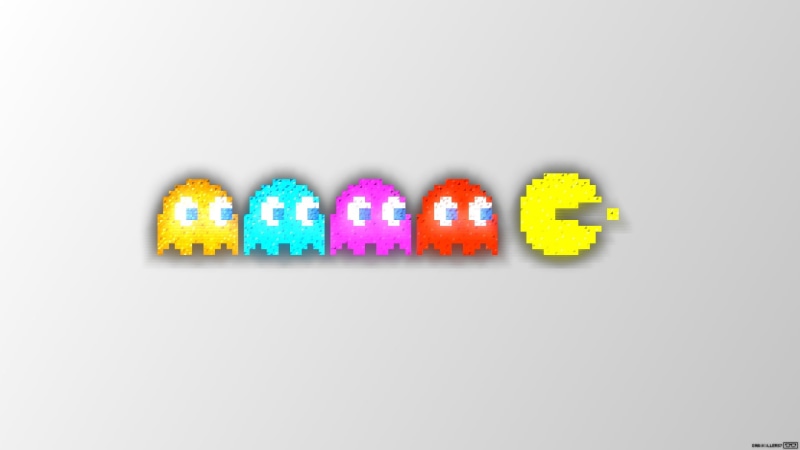 game, Pinky, cut out, Inky, Clyde, in a row, studio shot, technology, pixel art, indoors, close-up, Pac-Man , copy space, western script, white background