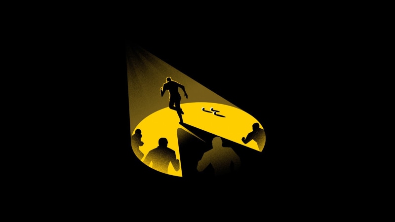man, running, guidance, no people, indoors, yellow, black background, male likeness, nature, low angle view, minimalism, representation, night, black color