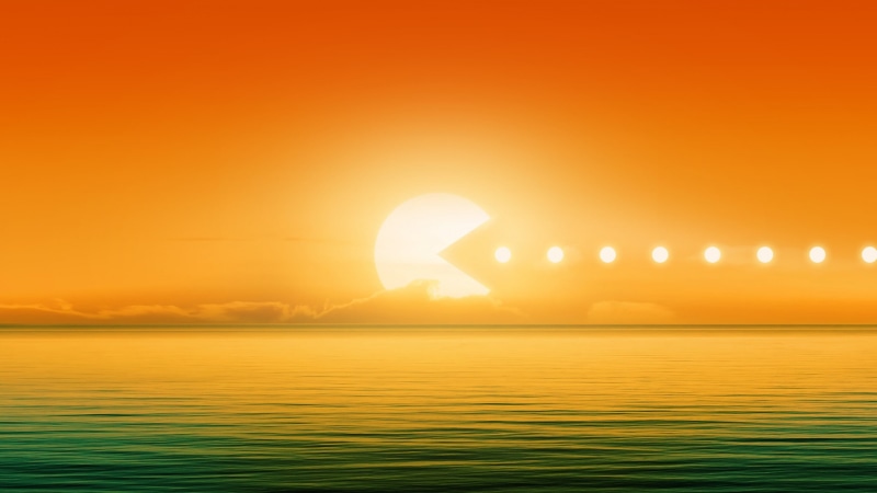 sea, Sun, clouds, video games, abstract, 2K, digital art, Pacman