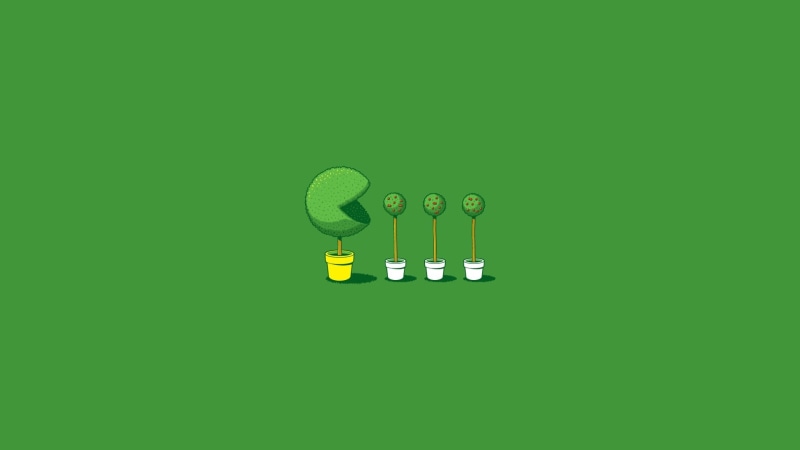 simple, 1080P, simple background, threadless, green background, Pacman, humor, trees, minimalism