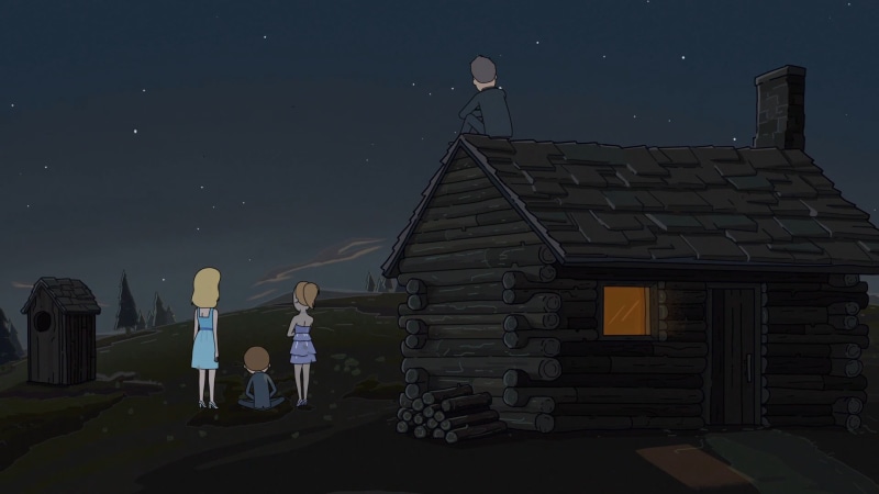 log, night, 1080P, outdoors, star, building, space, low angle view, no people, science, built structure, Rick and Morty, cartoon, illuminated, moonlight