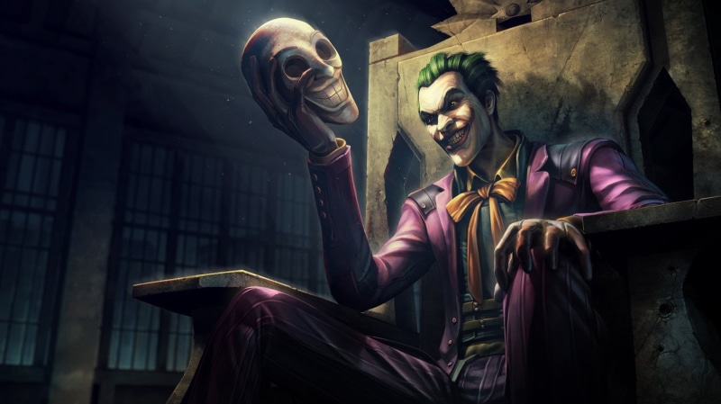joker, low angle view, creativity, statue, built structure, holding, male likeness, 720P, human representation, Injustice, female likeness, representation