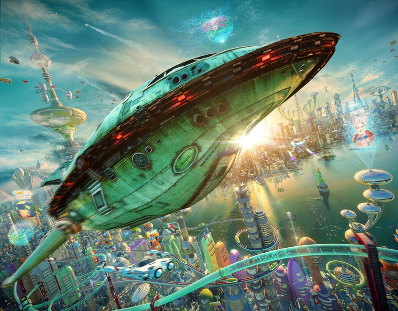 lens flare, digital composite, mode of transportation, water, futurama realistic 3d rocket planet express spaceship futuristic city, sunlight, outdoors