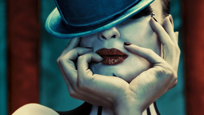 top hat, model, American Horror Story, 1080P, face, red lipstick, women, finger on lips, TV, painted nails