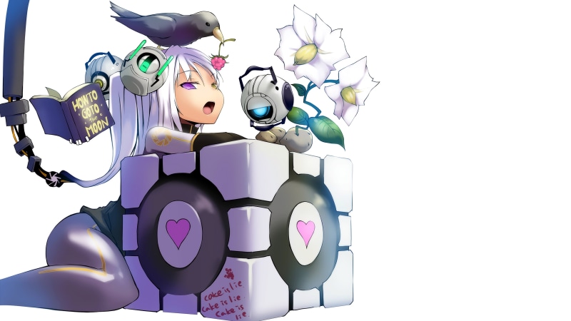 anime girls, simple background, GLaDOS, Companion Cube, white skin, humor, 4K, Aperture Laboratories, anime, white background, Portal (game)