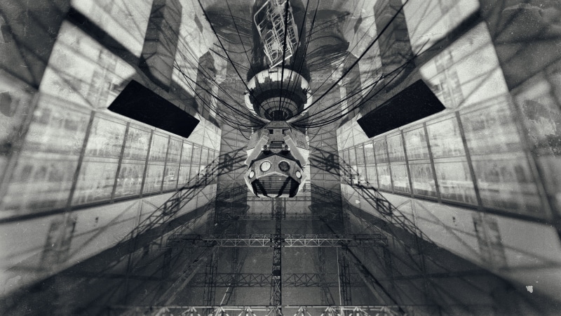 low angle view, outdoors, digital, screen shot, modern, day, Aegis, built structure, building exterior, Aperture Laboratories, real people, Portal (game)