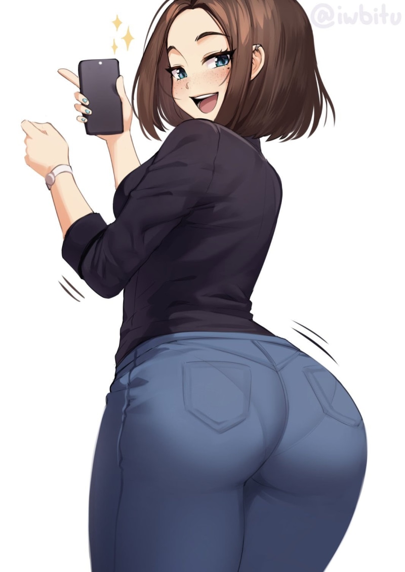 Sam (Samsung virtual assistant), shirt, Samsung, black clothing, brunette, back, blue eyes, Black clothes, looking back, 720P, black shirt, women