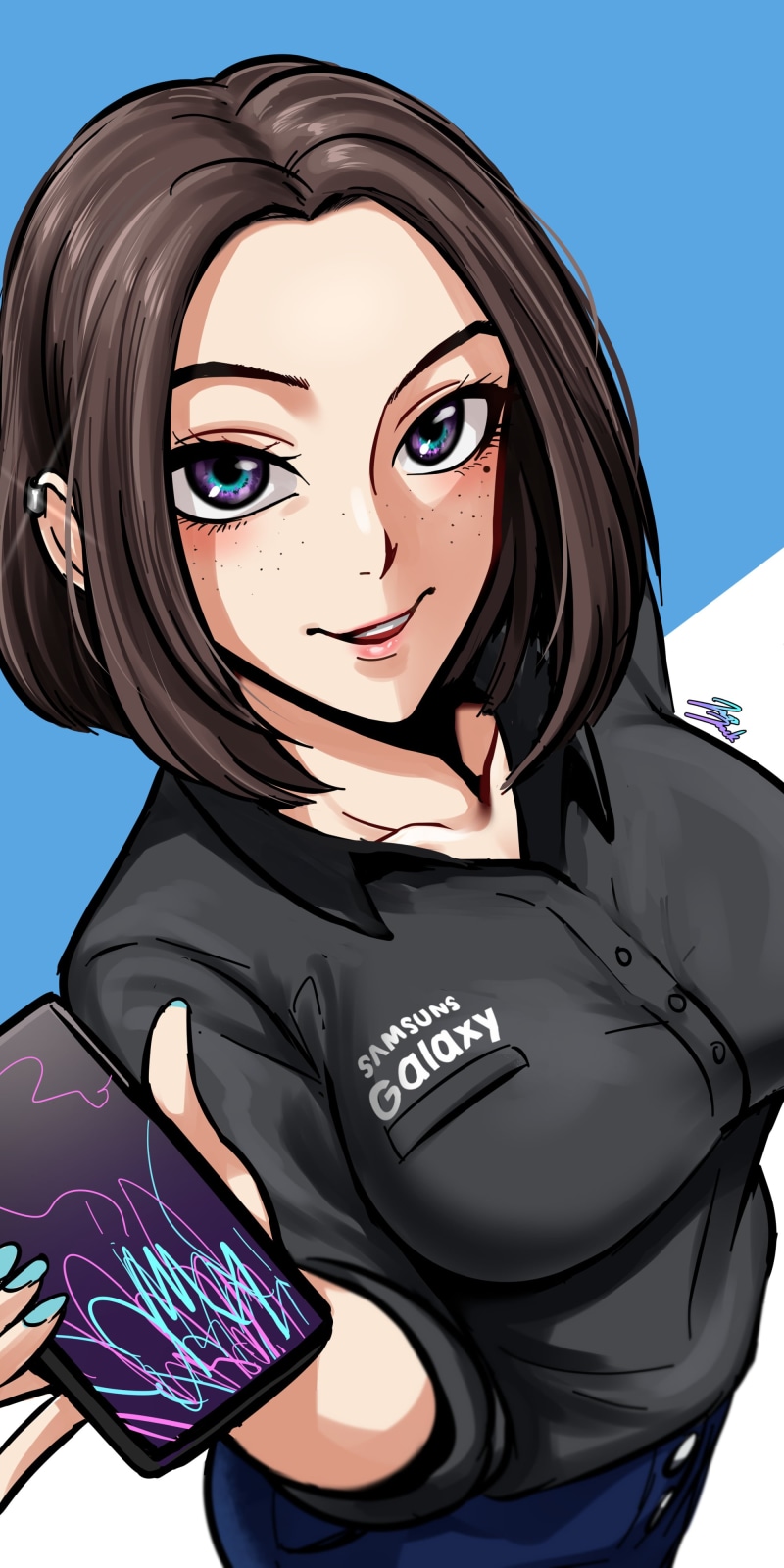 women, brunette, blue eyes, 4K, Samsung, Sam (Samsung virtual assistant)