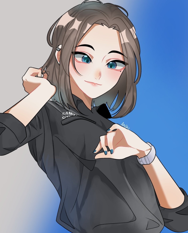 Sam (Samsung virtual assistant), watches, Black clothes, digital art, shirt, watch, 720P, black clothing, Samsung, women, brunette, artwork, black shirt