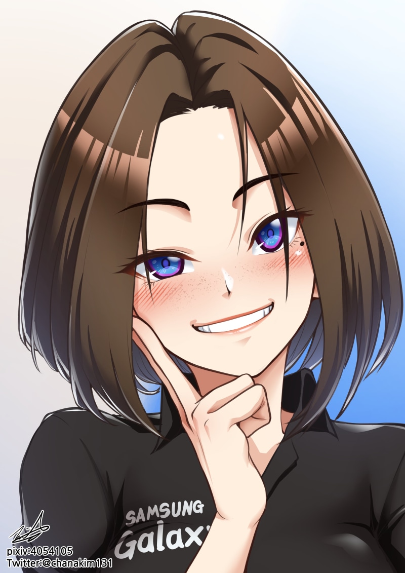 artwork, women, Samsung, fan art, Sam (Samsung virtual assistant), 2K, black clothing, blue eyes, shirt, smiling, digital art, black shirt, Black clothes