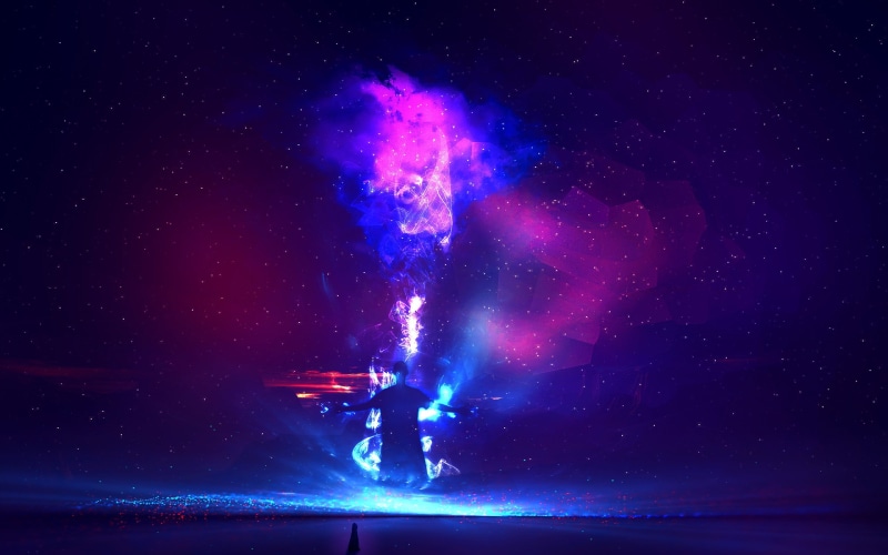 people, purple, sky, space, unrecognizable person, outdoors, beauty in nature, full length, pink, stars, 2K, smoke, star - space, real people