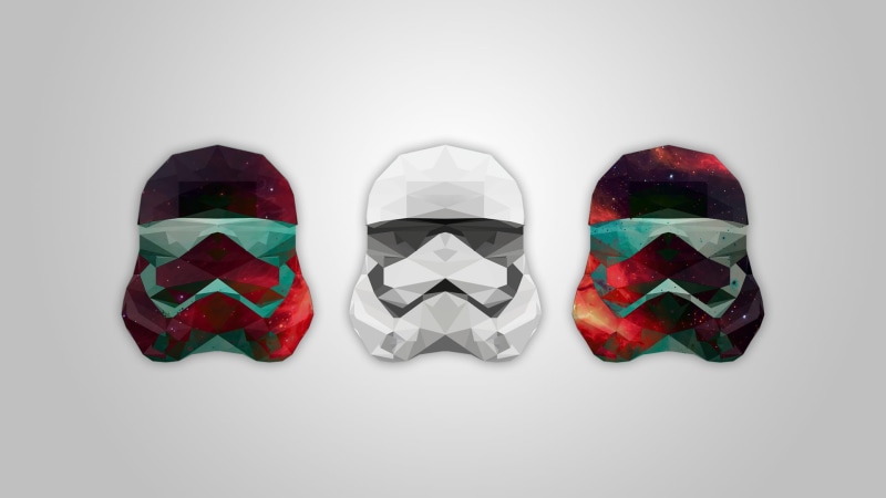 three, no people, studio shot, side by side, low poly, red, stormtrooper, copy space, galaxy, green color, mask, multi colored, cut out, 1080P, choice