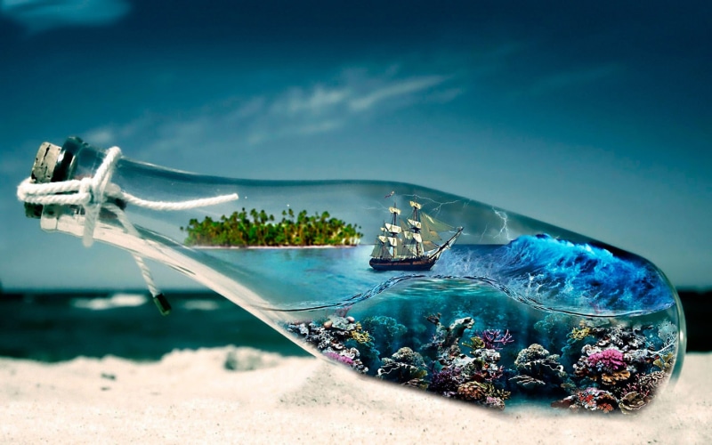 desktop, seabed, underwater, boat, glass, sea, bottle, hd, corals, world, 2K