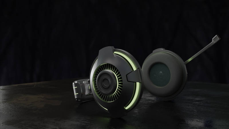 day, single object, black, green, studio shot, indoors, headphone, 4K, table, wireless, number, equipment, black background, focus on foreground, black color